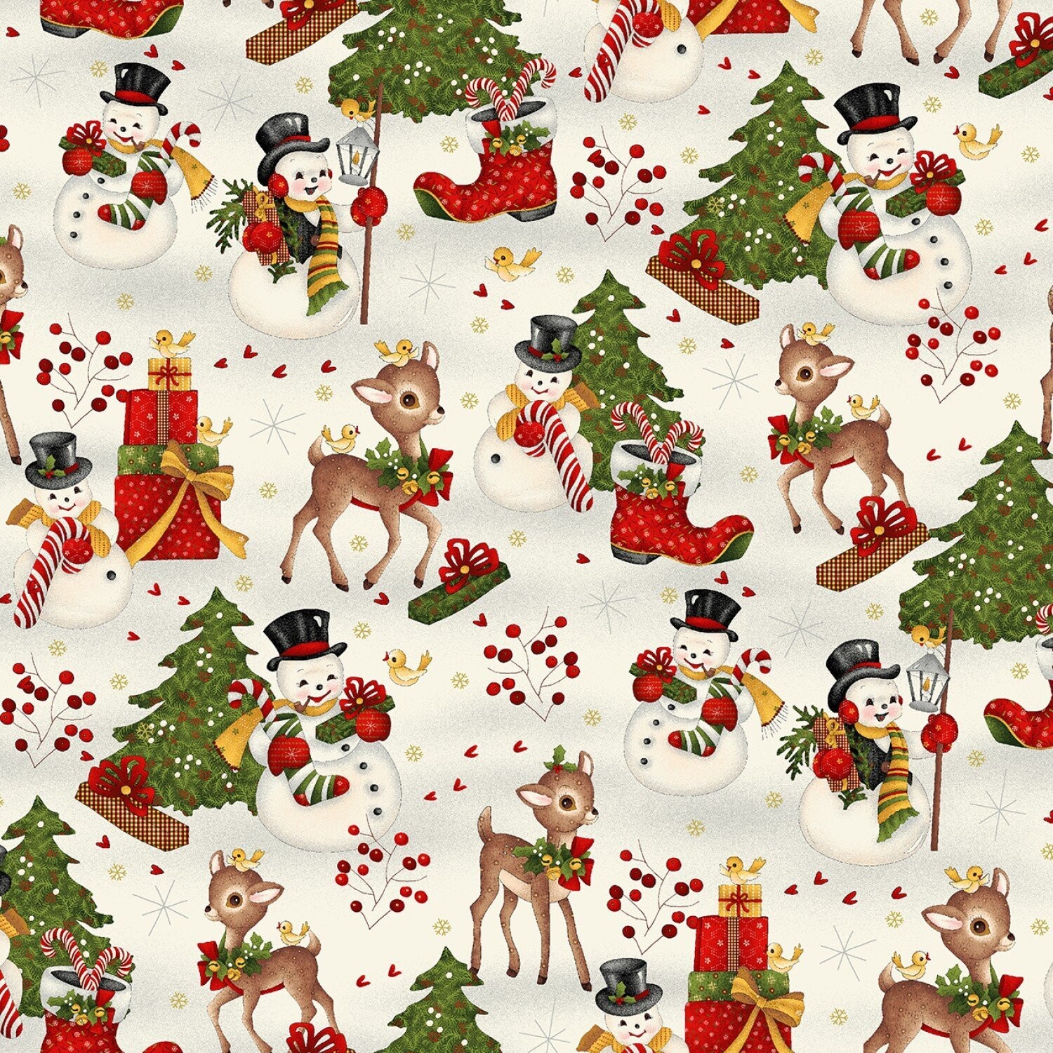 Patchworkstoff, Patchworkstoff, "Cream Allover Novelty", Schneemänner & Tannenbäume, 20,50 €/m