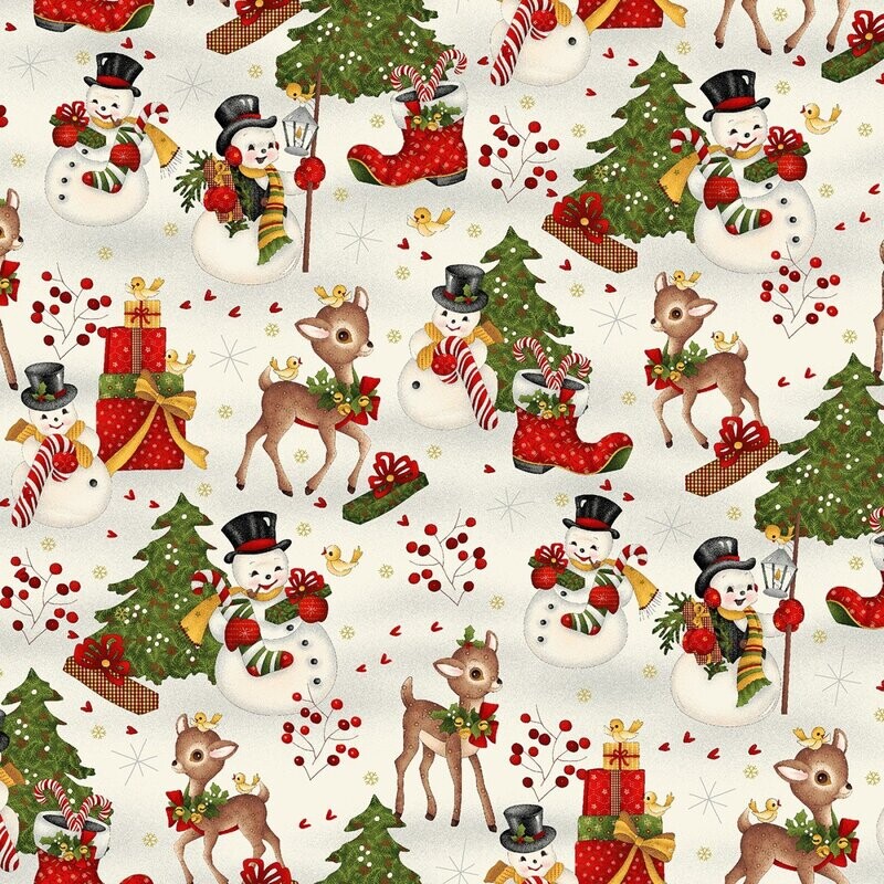 Patchworkstoff, Patchworkstoff, "Cream Allover Novelty", Schneemänner & Tannenbäume, 20,50 €/m