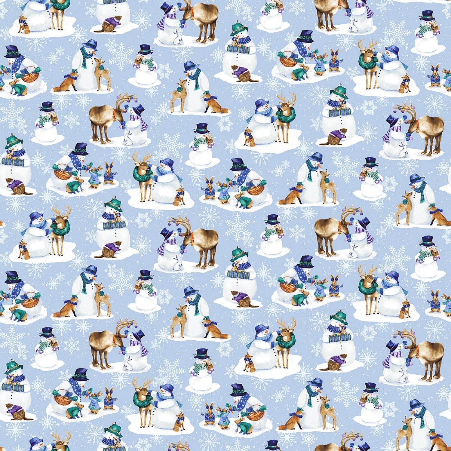 Patchworkstoff, Patchworkstoff, "Snowman and Critter Allover", Flurry Friends, Schneemänner, Rentier, Eisbär, Hase & Fuchs, 19,80 €/m