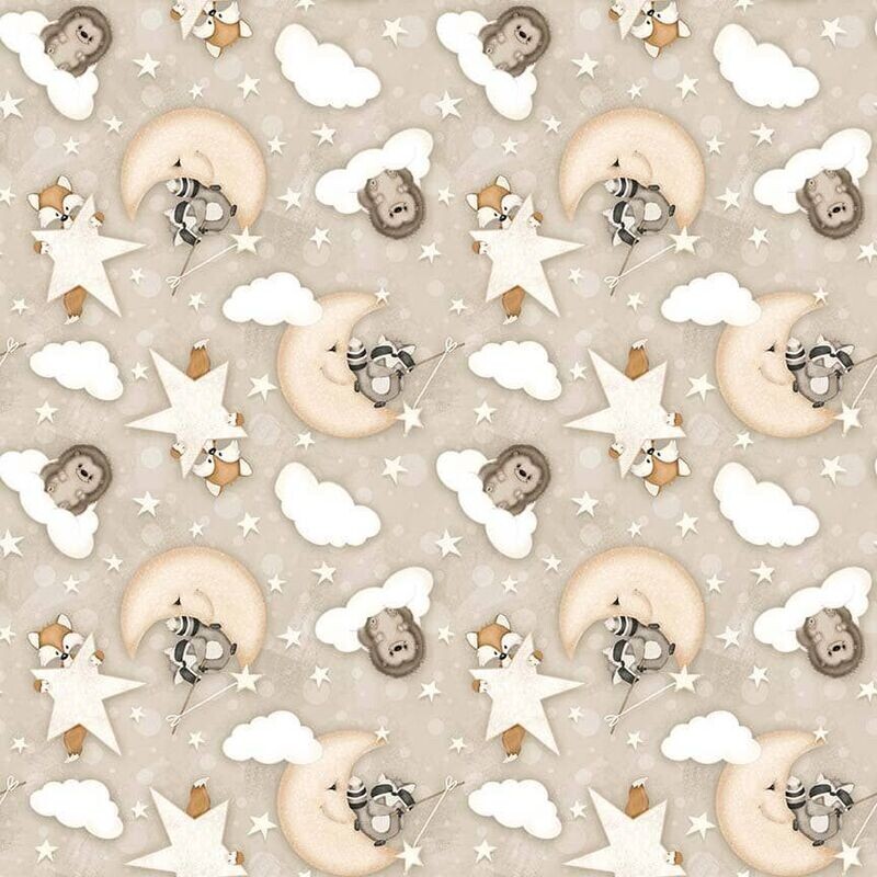 Patchworkstoff "Dream Big Little One", Fuchs, Igel und Waschbär angeln Sterne auf Wolken, 19,80 €/m