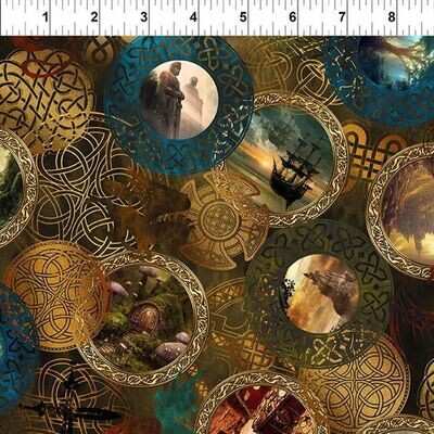Patchworkstoff , Patchworkstoff , "Legendary Journeys, Emblems - Multi", Fantasyfiguren in Kreisen von Jason Yenter, 21,50 €/m*