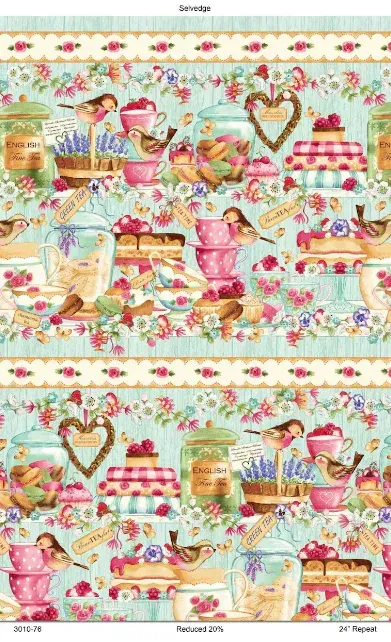 Patchworkstoff Bordüre, Patchworkstoff Bordüre, "Tweets And Treats Border Stripe", Tweets And Treats, Kuchen, Tee, Gebäck, Henry Glass, 20,50 €/m