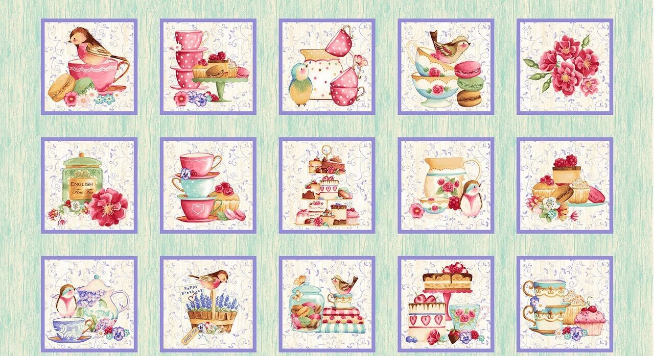 Patchworkstoff Panel 60cm, Patchworkstoff Panel 60cm, "24 Inch Tweets And Treats Panel", Tweets And Treats, Kuchen, Tee, Gebäck, Henry Glass, 20,00 €/m
