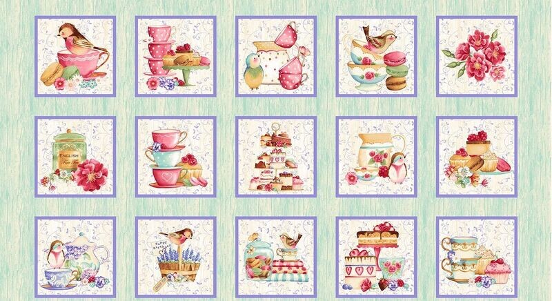 Patchworkstoff Panel 60cm, Patchworkstoff Panel 60cm, "24 Inch Tweets And Treats Panel", Tweets And Treats, Kuchen, Tee, Gebäck, Henry Glass, 20,00 €/m