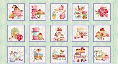 Patchworkstoff Panel 60cm, Patchworkstoff Panel 60cm, "24 Inch Tweets And Treats Panel", Tweets And Treats, Kuchen, Tee, Gebäck, Henry Glass, 20,00 €/m