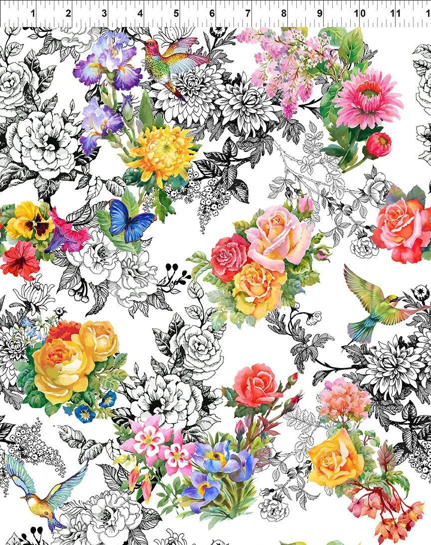 Patchworkstoff , Patchworkstoff , "Garden Toile-Multi", bunte und schwarze Blumen, Vögel und Schmetterlinge aus der Kollektion Decoupage von Jason Yenter, 21,50 €/m