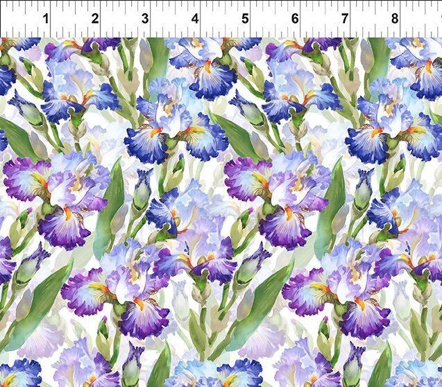 Patchworkstoff , Patchworkstoff , "Iris-Purple", Iris in violett und lila" aus der Kollektion Decoupage von Jason Yenter, 21,50 €/m