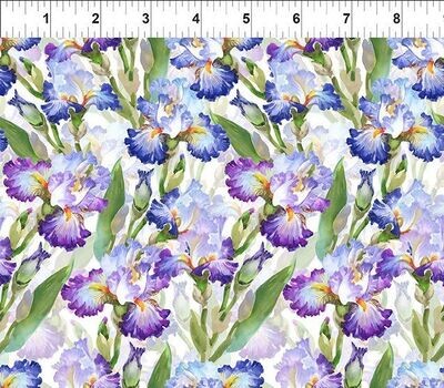 Patchworkstoff , Patchworkstoff , "Iris-Purple", Iris in violett und lila" aus der Kollektion Decoupage von Jason Yenter, 21,50 €/m