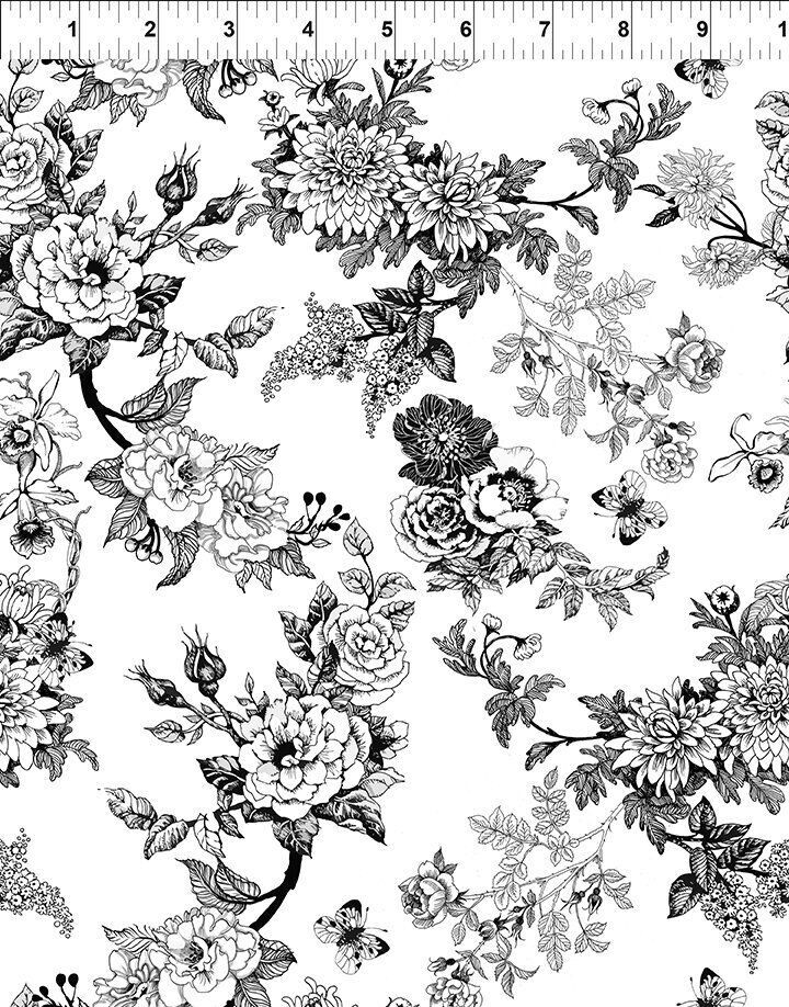 Patchworkstoff , Patchworkstoff , "Toile-Black", Blumen in schwarz" aus der Kollektion Decoupage von Jason Yenter, 21,50 €/m