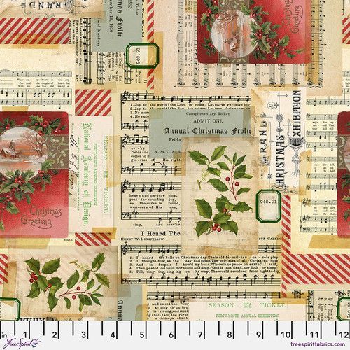 Patchworkstoff Patchworkstoff "Holiday Collage - Multi" Zweige Noten, Schrift, beige, grün, rot, Tim Holtz, 21,50€/m