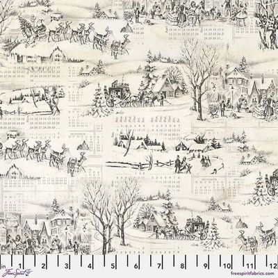 Patchworkstoff Patchworkstoff "Winter Toile - Multi" Kalender, Winterlandschaft, Rentiere, Häuser, schwarz, weiß, Tim Holtz, 21,50€/m