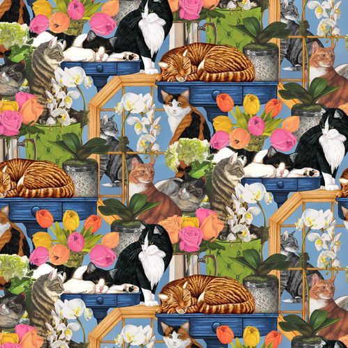 Patchworkstoff Patchworkstoff "Cats by Window" aus der Kollektion Whiskers Among Petals, mit Katzen in Fenstern, 20,50 €/m