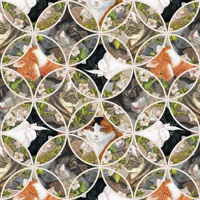 Patchworkstoff "Stone" aus der Kollektion Whiskers Among Petals, mit Katzen im Cathedral Window Design, 20,50 €/m