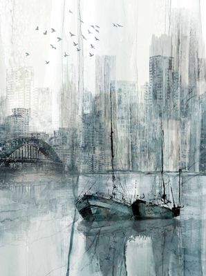 Patchworkstoff Panel 81 cm, "City Harbor Ship Panel", Schiffe vor New Yorker Skyline, 22,50 €/m*