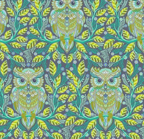 Patchworkstoff "Hootie Patootie - Starlight" der Kollektion Full Moon Forest II, Eulen, türkis-multicolor, Tula Pink, 19,50/m