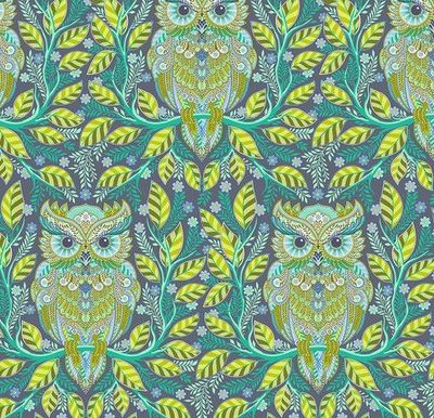 Patchworkstoff "Hootie Patootie - Starlight" der Kollektion Full Moon Forest II, Eulen, türkis-multicolor, Tula Pink, 19,50/m