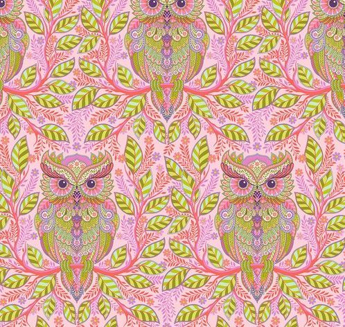 Patchworkstoff "Hootie Patootie - Honey" der Kollektion Full Moon Forest II, Eulen, pink-multicolor, Tula Pink, 19,50/m