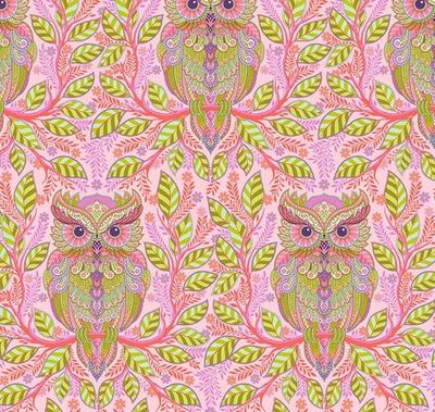 Patchworkstoff "Hootie Patootie - Honey" der Kollektion Full Moon Forest II, Eulen, pink-multicolor, Tula Pink, 19,50/m