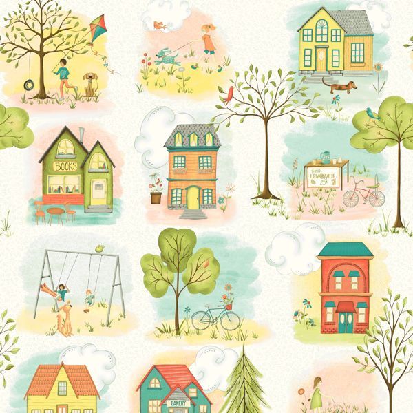 Patchworkstoff "Around The Neighborhood", Häuser, Bäume, Spielplatz, weiss, bunt, 21,50/m