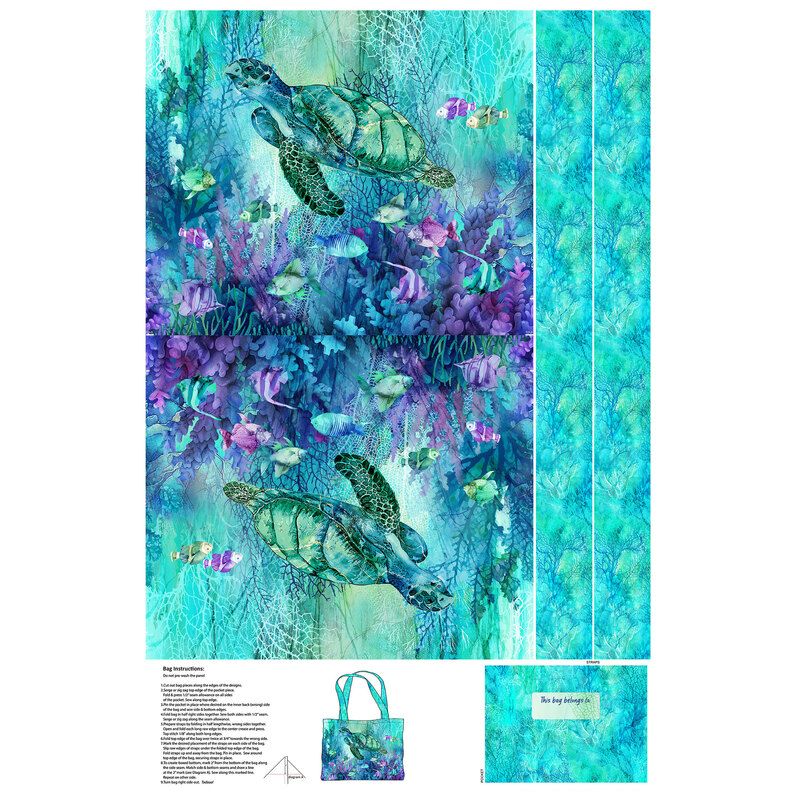 70-cm-Panel Tasche "Coral Reef", Korallen, Schildkröte, Meer, Fische, Aquarell, Canvas, türkis, 22,50 €/m*