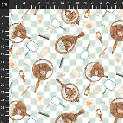 Patchworkstoff Patchworkstoff "Bathing Bonnies Ginger/ Mint Mirrors", Yak, Kühe beim Baden, Spiegel, Schachbrettmuster, creme-mintgrün, 22,50 €/m*