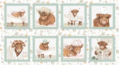 60-cm-Panel Patchworkstoff 60-cm-Panel Patchworkstoff "Bathing Bonnies", Yak, Kühe beim Baden, Spiegel, Blumen, creme-mintgrün, 22,50 €/m*