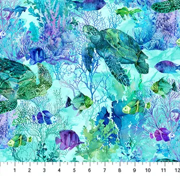 Patchworkstoff "Coral Reef Turtle & Fish", Korallen, Schildkröte, Meer, Fische, Aquarell, türkis, 22,50 €/m*