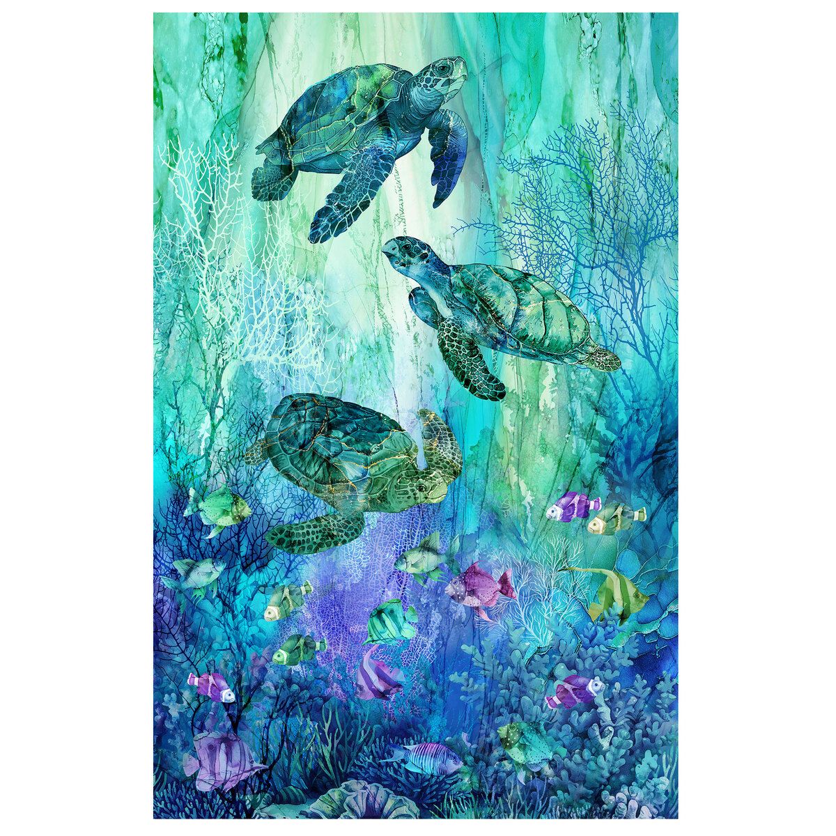 70-cm Panel Patchworkstoff 70-cm Panel Patchworkstoff "Coral Reef Turquoise Panel ", Korallen, Schildkröte, Meer, Fische, Aquarell, türkis, 22,50 €/m*