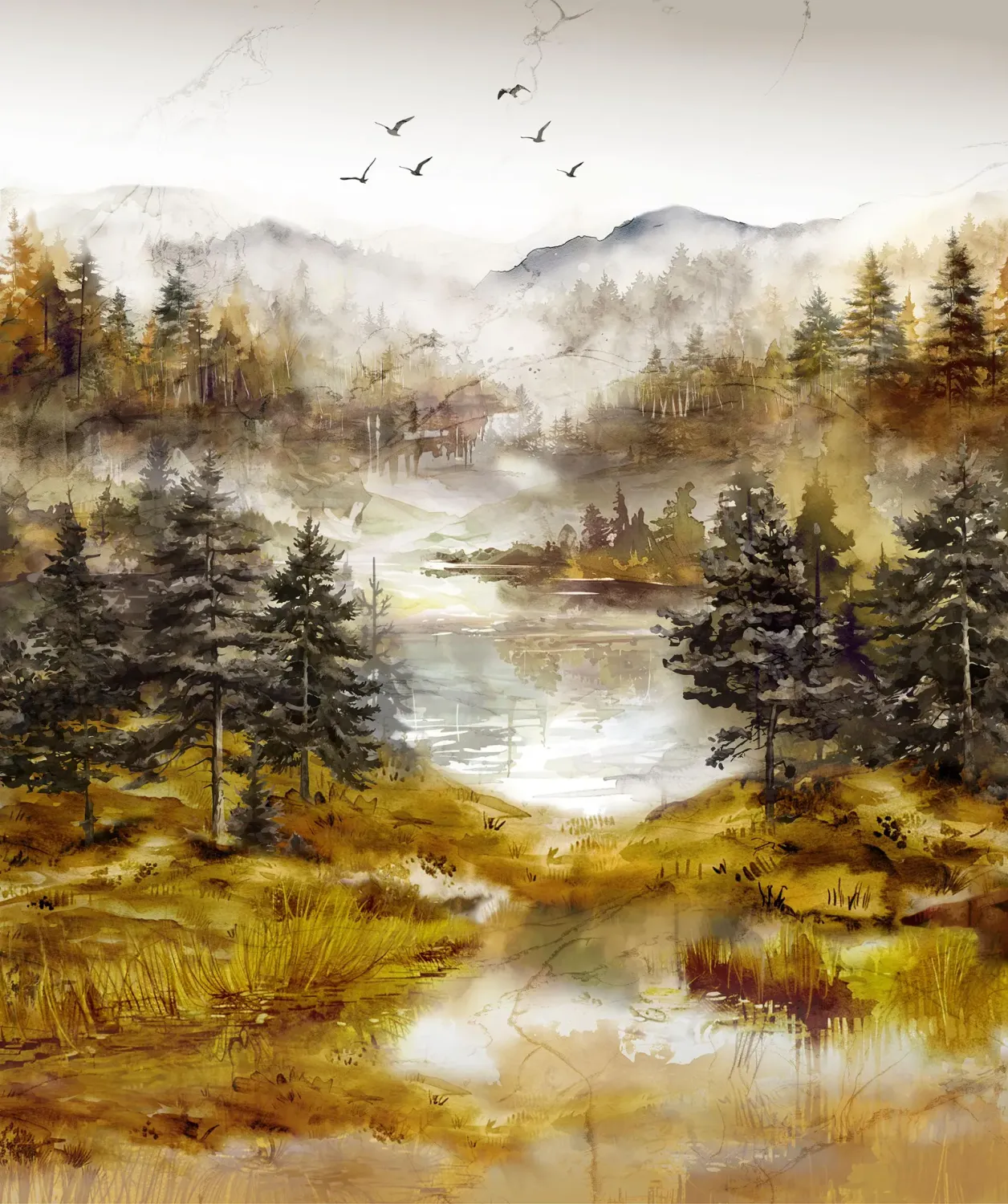 90-cm Panel Patchworkstoff "Misty Morning Panel Ochre", Wald, Herbst, Landschaft, ocker, braun, 22,50 €/m*