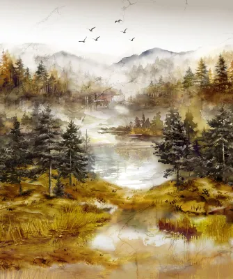 90-cm Panel Patchworkstoff 90-cm Panel Patchworkstoff "Misty Morning Panel Ochre", Wald, Herbst, Landschaft, ocker, braun, 22,50 €/m*