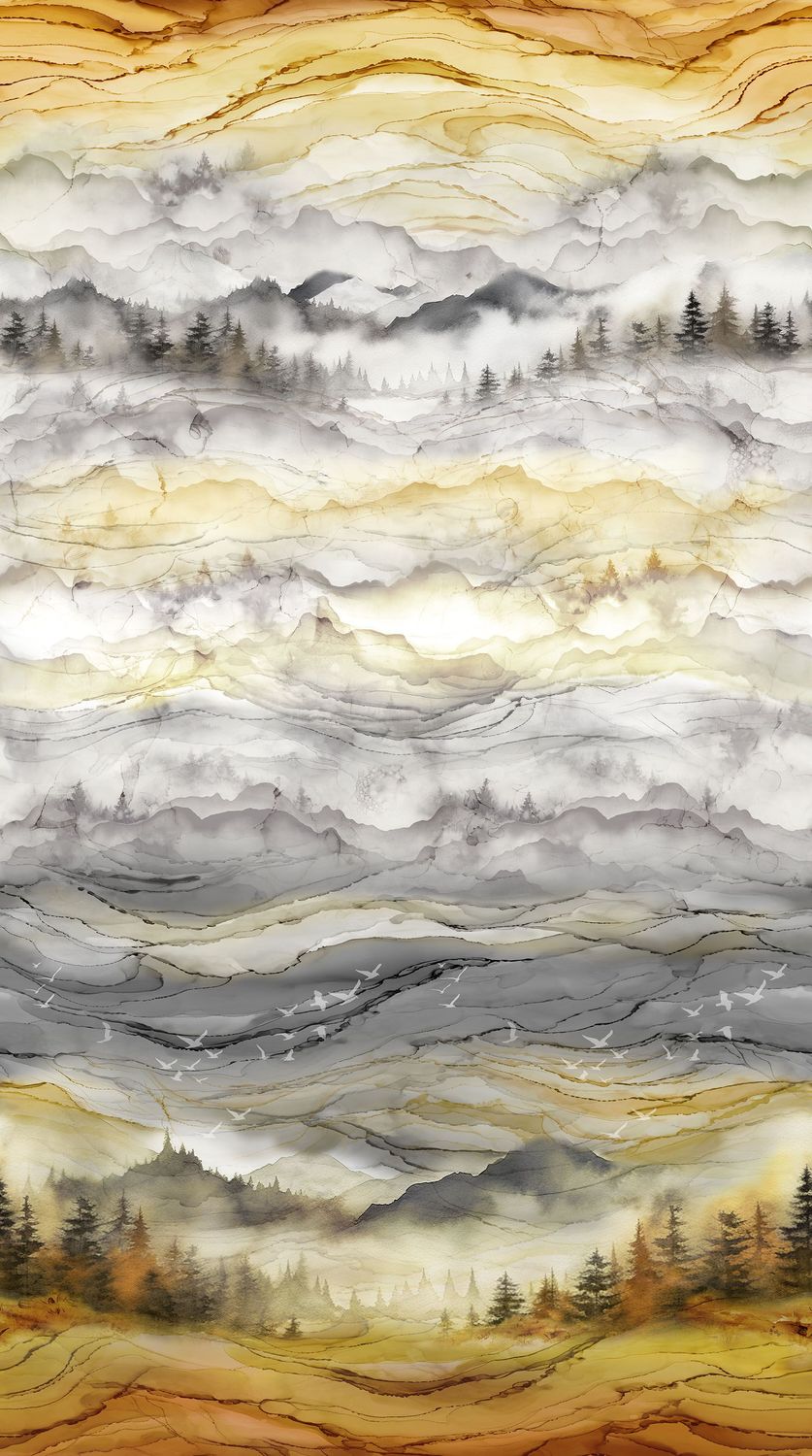 60-cm Panel Patchworkstoff "Misty Morning Ombre Panel", Wald, Herbst, Landschaft, ocker, braun, 22,50 €/m*