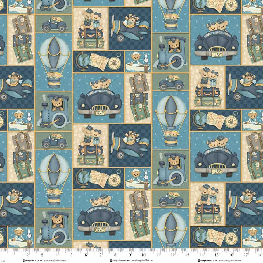 Patchworkstoff Patchworkstoff "Traveling Teddies Patchwork Multi", Teddybären, Reisen, Urlaub, blau-grün, 22,50 €/m*