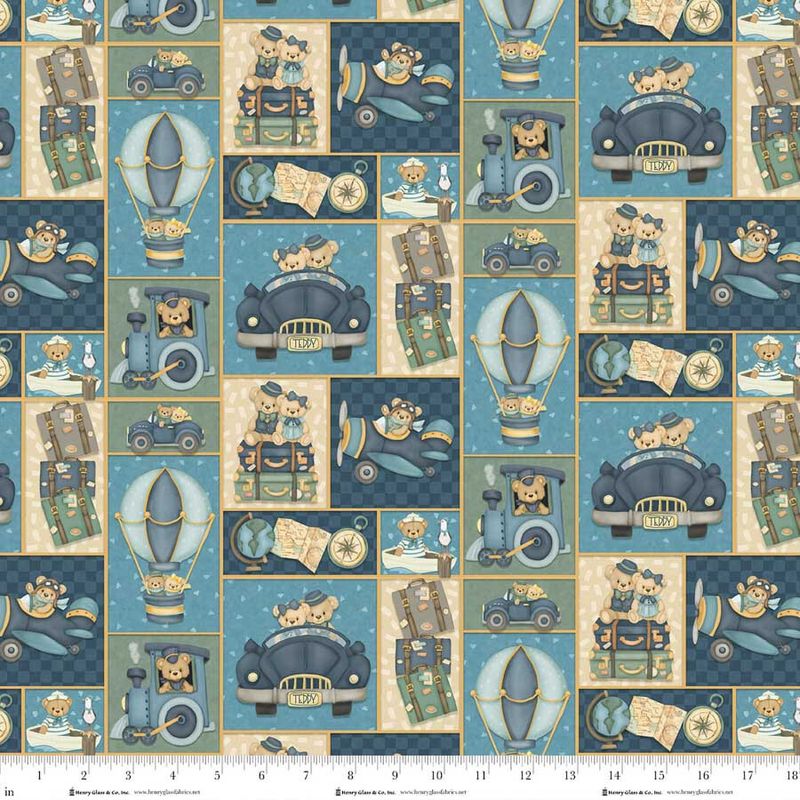 Patchworkstoff "Traveling Teddies Patchwork Multi", Teddybären, Reisen, Urlaub, blau-grün, 22,50 €/m*
