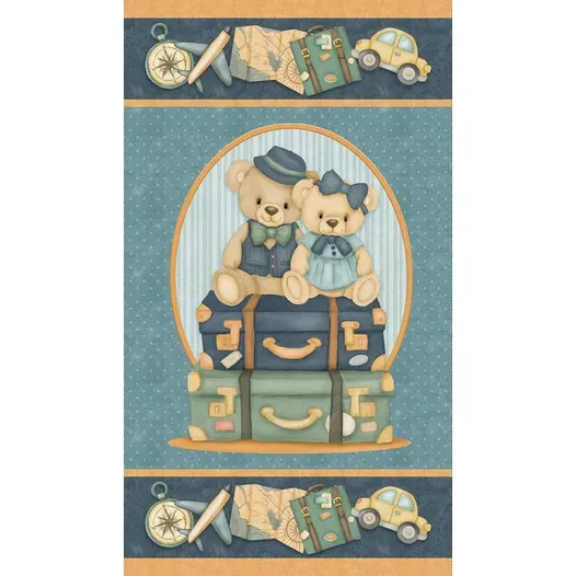 60-cm-Panel Patchworkstoff 60-cm-Panel Patchworkstoff "Traveling Teddies Multi Quilt Panel", Teddybären, Reisen, Urlaub, blau-beige, 22,50 €/m*