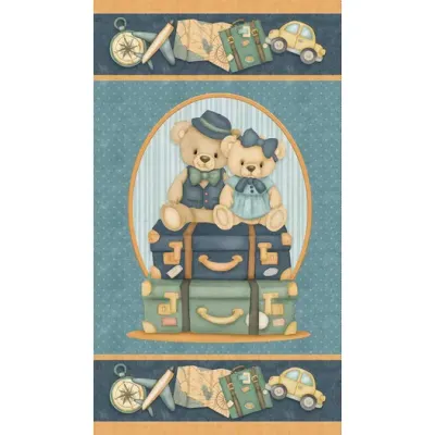 60-cm-Panel Patchworkstoff "Traveling Teddies Multi Quilt Panel", Teddybären, Reisen, Urlaub, blau-beige, 22,50 €/m*
