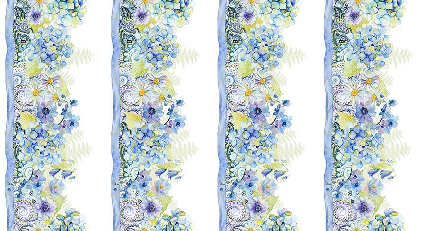 Bordüren-Patchworkstoff "Leah Collection Border", Blumen, Paisley, Watercolor, weiß, 20,50 €/m*