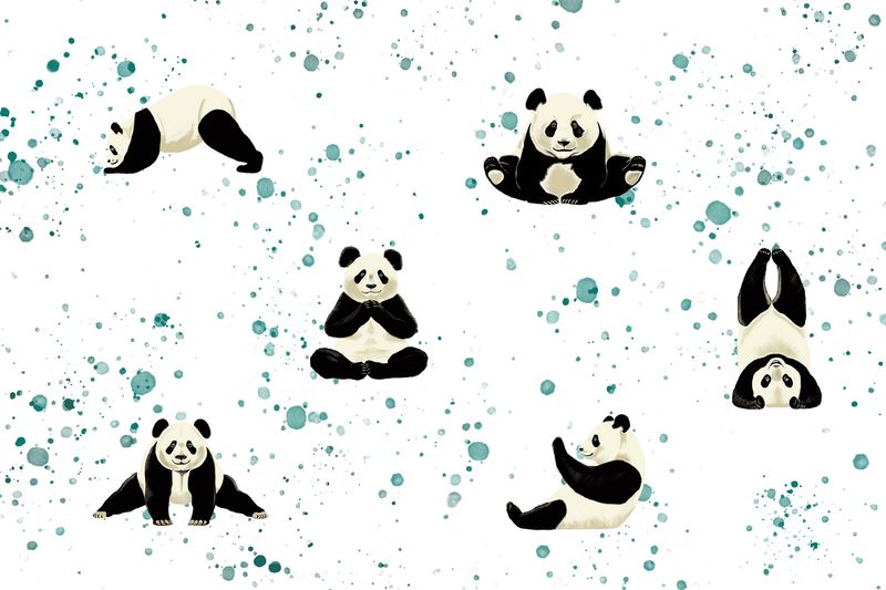 Patchworkstoff "Pandas Allover" mit Yoga Pandas auf Klecksen, 19,90/m