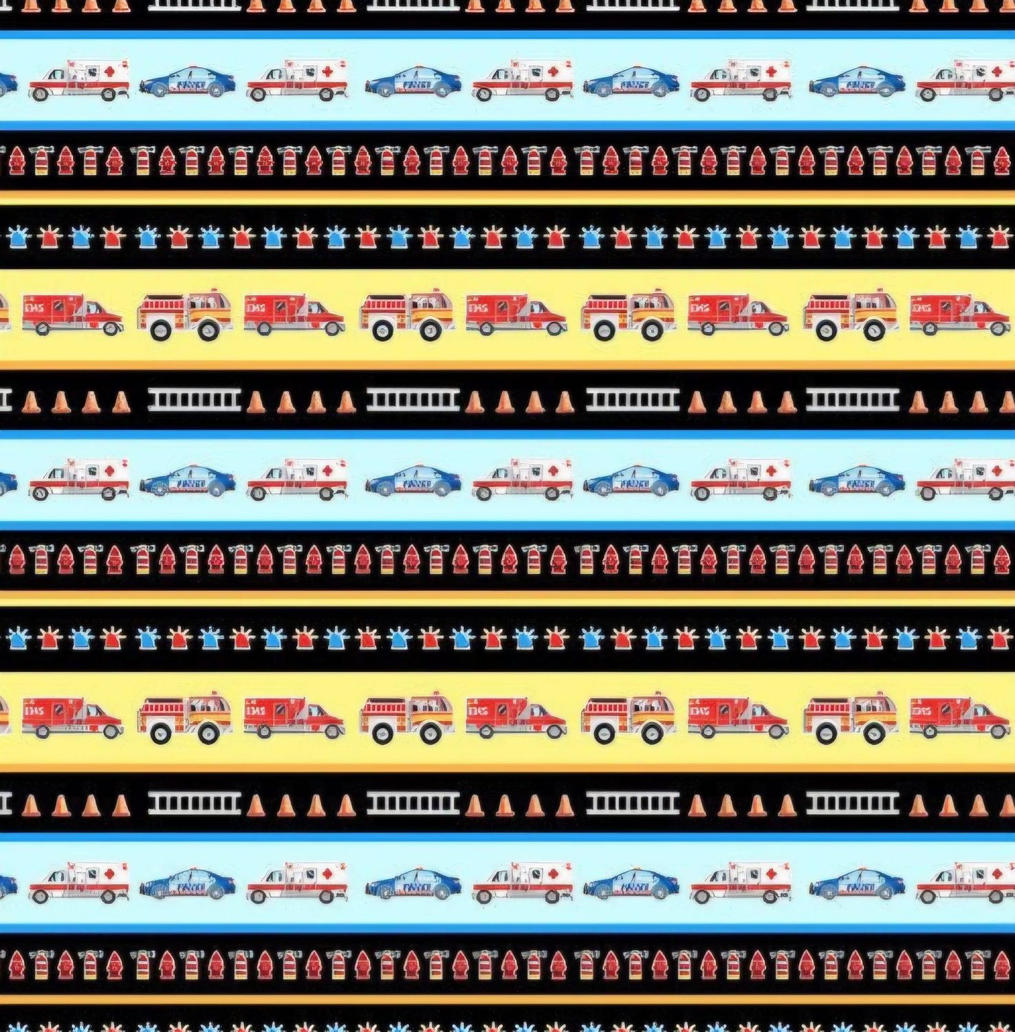 Patchworkstoff Patchworkstoff "Save the Day - Stripe Multi", Glow in the dark, Fahrzeuge, Feuerwehr, Polizei, Rettungswagen, Streifen, bunt, 19,00€/m