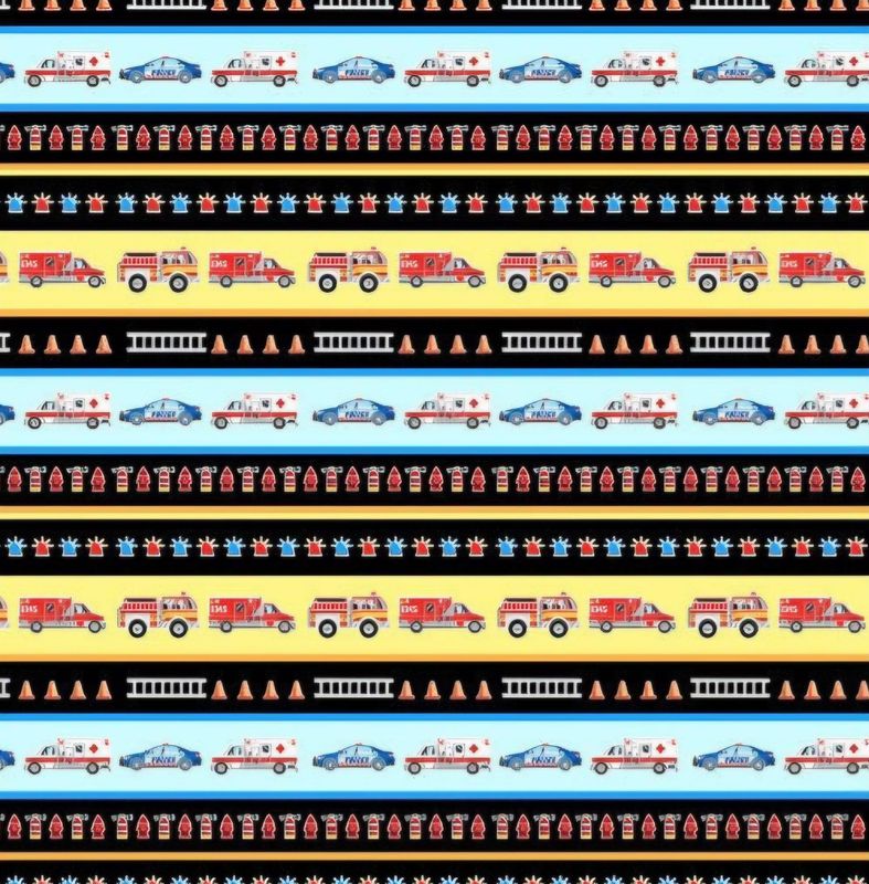 Patchworkstoff Patchworkstoff "Save the Day - Stripe Multi", Glow in the dark, Fahrzeuge, Feuerwehr, Polizei, Rettungswagen, Streifen, bunt, 19,00€/m