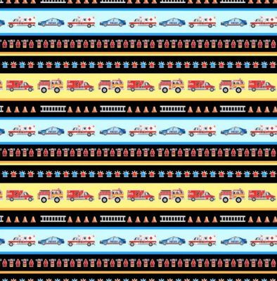 Patchworkstoff Patchworkstoff "Save the Day - Stripe Multi", Glow in the dark, Fahrzeuge, Feuerwehr, Polizei, Rettungswagen, Streifen, bunt, 19,00€/m