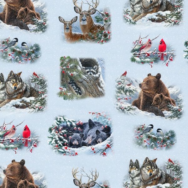 Patchworkstoff Patchworkstoff "Winter Companions Snow Allover", Waldtiere, Schnee, Hirsch, Bär, Wolf, hellblau, 20,50€/m