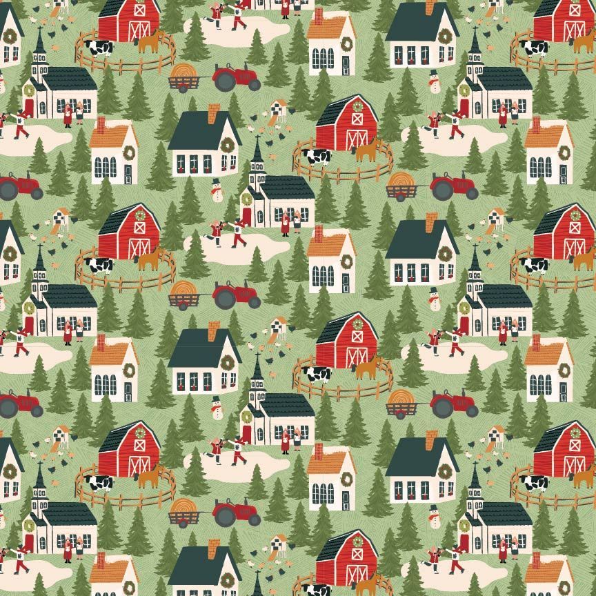 Patchworkstoff Patchworkstoff "Prairie Christmas A Winter Scene Green", Winterdorf, Weihnachten, Schnee, grün, 22,50€/m