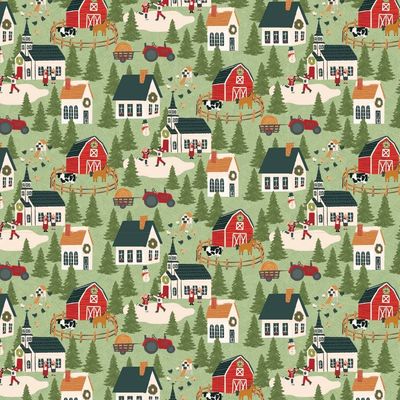 Patchworkstoff "Prairie Christmas A Winter Scene Green", Winterdorf, Weihnachten, Schnee, grün, 22,50€/m