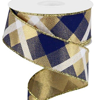 1.5&quot; Navy Gold metallic plaid ribbon
