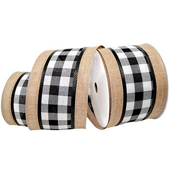 4” black/white buffalo plaid Cambridge with natural burlap wired ribbon