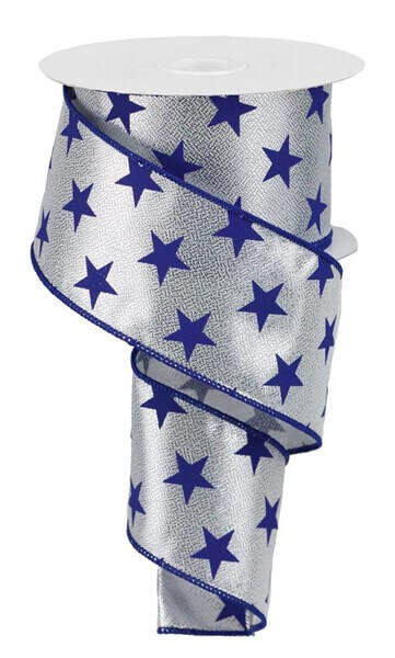 2.5” Silver w/ navy multi Stars wired ribbon