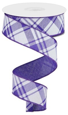 1.5” purple white diagonal plaid wired ribbon- 10 yards