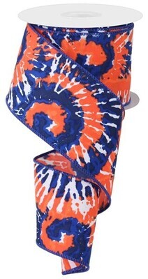 2.5&quot; Navy Blue Orange and White Tie Dye Wired Ribbon