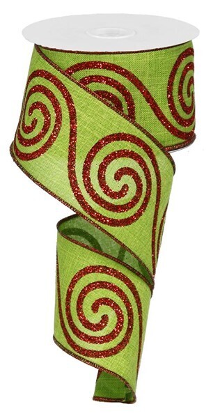 2.5” Lime Green w/Red Glitter Swirls Wired Ribbon