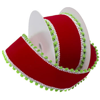 2” red/lime velvet Holiday Pom Pom wired ribbon